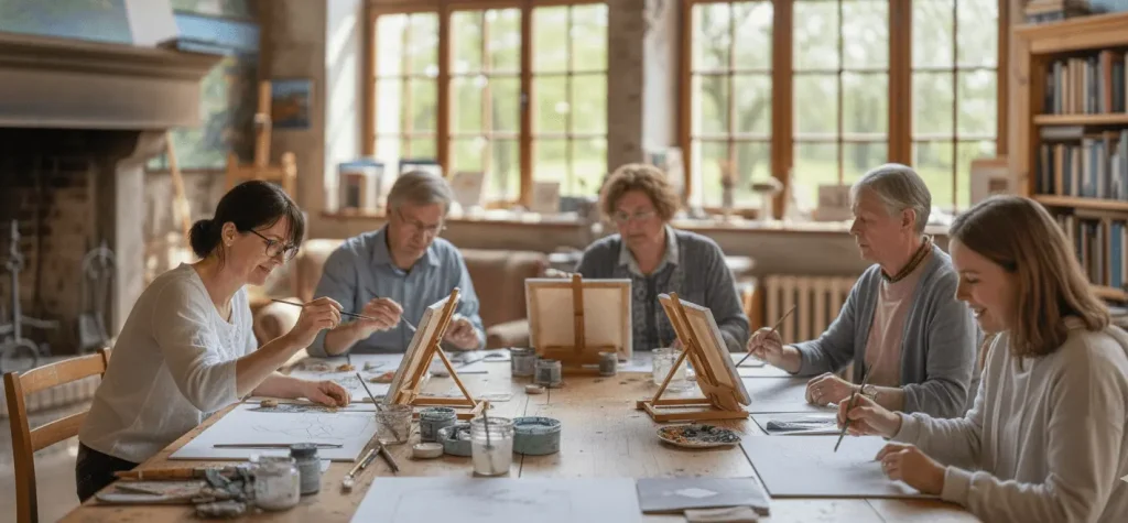 Eine Gruppe von Kursteilnehmern malt konzentriert in einem Malkurs im Atelier im Mattauschhaus.