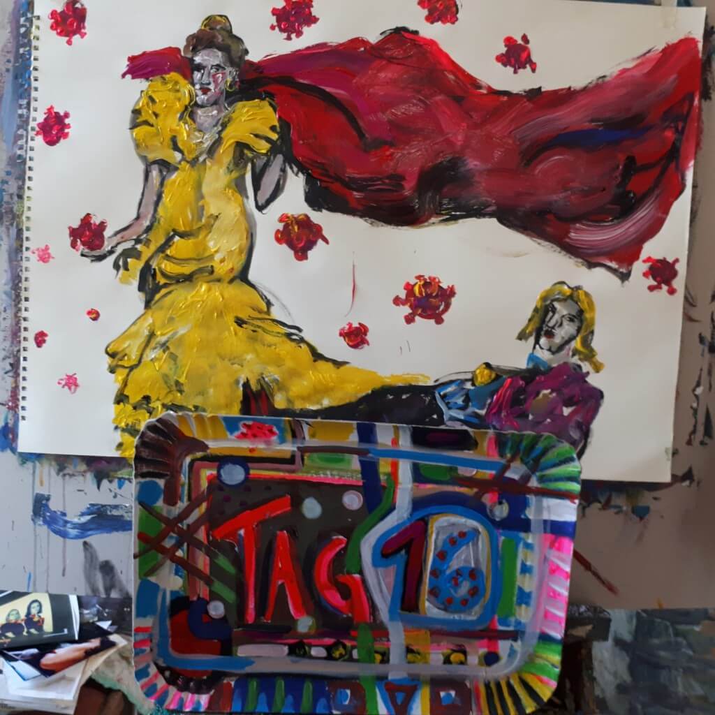Abstraktes Kunstwerk mit dynamischen Pinselstrichen und vielfältiger Textur.
