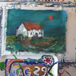 Kleines Kunstwerk, das eine stilisierte Landschaft darstellt.