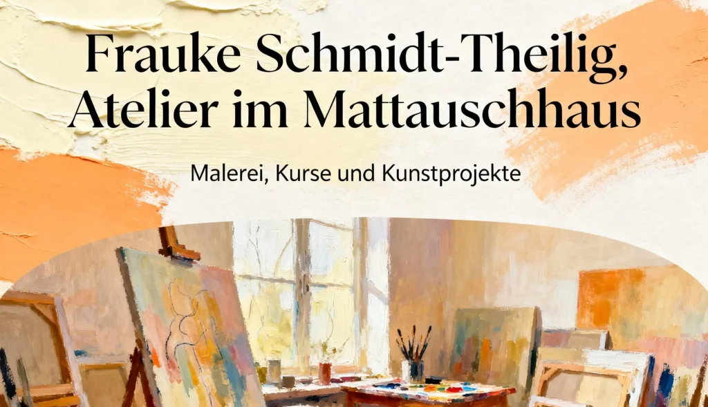 Innenansicht des hellen Ateliers im Mattauschhaus mit Staffeleien, Kunstwerken und Blick in den Garten.