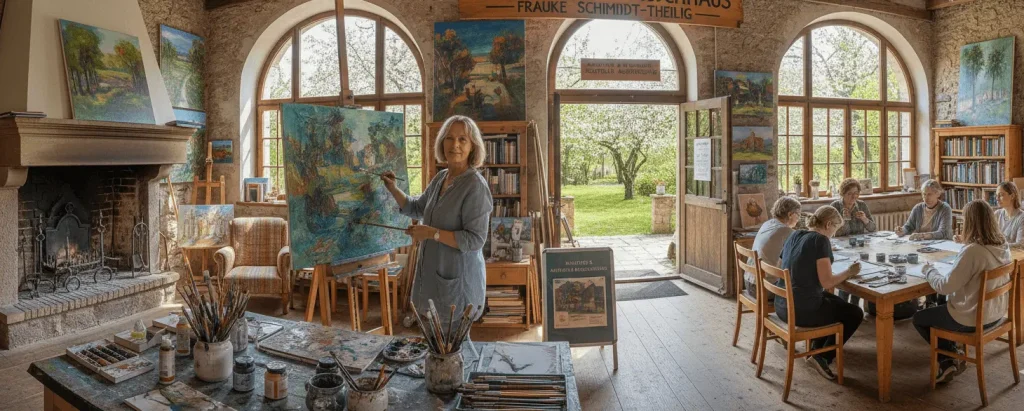 Besucher betrachten interessiert die Kunstwerke an der Wand während einer Ausstellungseröffnung im Atelier.