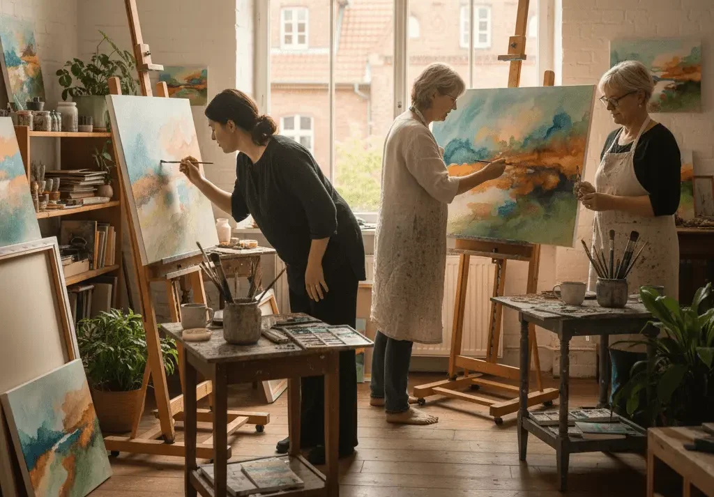 Einblick in das helle und inspirierende Atelier im Mattauschhaus mit Staffeleien und fertigen Kunstwerken.